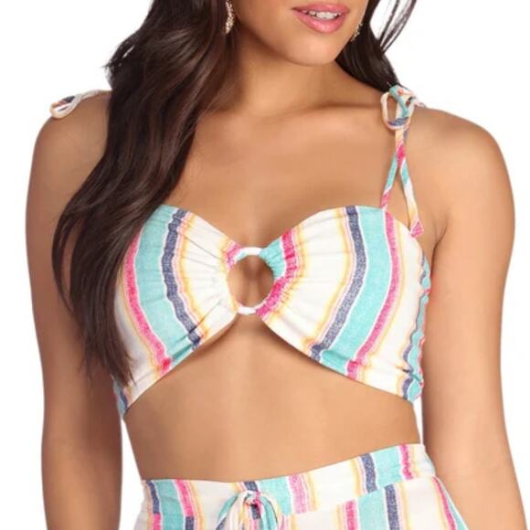 Windsor M Multicolor Stripe Sweetheart Neck Tie Straps Smocked Crop Top - Picture 1 of 9